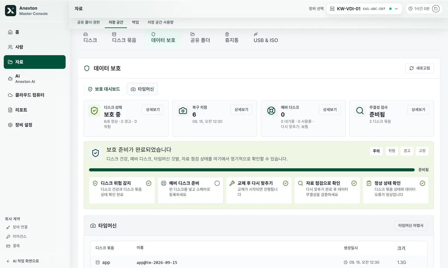 디스크 상태·복구 지점·고장 대비 순서를 보는 데이터 보호 화면